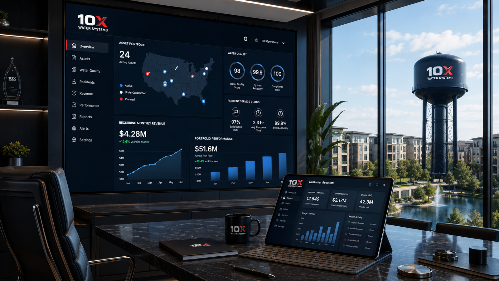 10X Water Systems executive operations dashboard showing assets, revenue, water quality and customer accounts