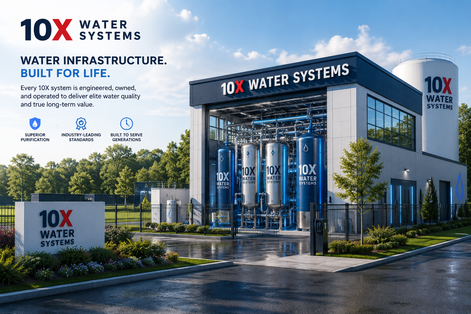 10X Water Systems treatment facility with visible filtration equipment and premium branding